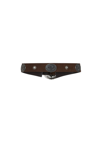 a-dark-brown-leather-belt-featuring-a-central-round-silver-toned-concho-buckle-flanked-by-smaller-silver-studs-and-circular-metal-accents-on-both-sides-shown-against-a-plain-white-background