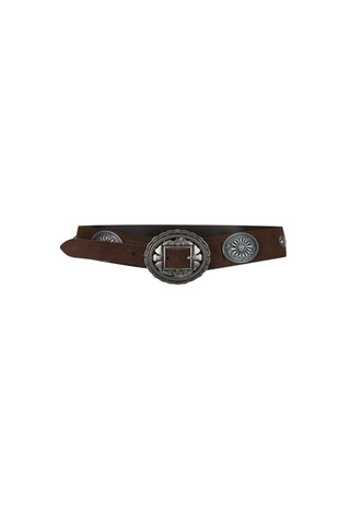 a-dark-brown-leather-belt-with-a-large-western-style-silver-toned-buckle-featuring-a-square-cutout-and-two-matching-silver-toned-conchos-on-the-sides-shown-against-a-plain-white-background