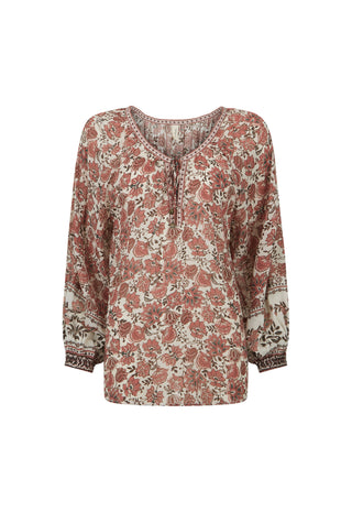 a-long-sleeve-bohemian-style-blouse-with-a-dense-floral-and-paisley-print-in-dusty-rose-terracotta-and-dark-brown-on-a-cream-background-featuring-a-split-neckline-with-tie-details