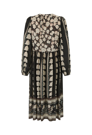 a-long-sleeved-midi-dress-with-a-black-base-and-a-beige-floral-pattern-shown-from-the-back-against-a-plain-white-background