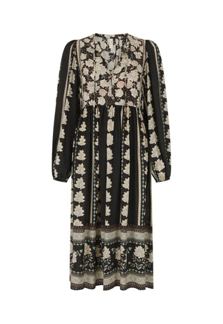 a-long-sleeved-midi-dress-with-a-black-base-and-beige-floral-pattern-featuring-a-gathered-waist-and-a-patterned-border-at-the-hem-shown-against-a-plain-white-background