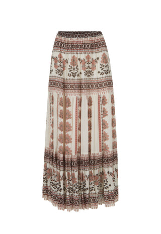 a-bohemian-style-pleated-maxi-skirt-with-a-cream-base-and-brown-rust-and-black-botanical-and-tribal-patterns-shown-against-a-plain-white-background