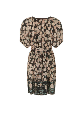 a-short-sleeved-knee-length-dress-with-a-dark-brown-and-beige-floral-pattern-featuring-a-tie-waist-and-a-lace-hem-shown-against-a-plain-white-background