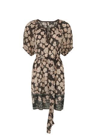 a-short-sleeved-floral-dress-with-puff-sleeves-a-tie-neckline-and-a-matching-waist-tie-featuring-a-beige-and-green-floral-pattern-on-a-black-background