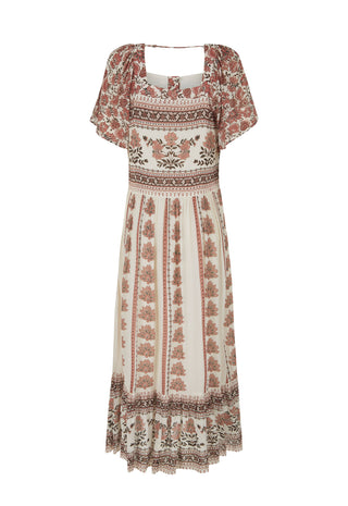 a-bohemian-style-midi-dress-with-a-square-neckline-short-puff-sleeves-and-an-all-over-floral-block-print-in-dusty-rose-and-brown-on-an-off-white-background