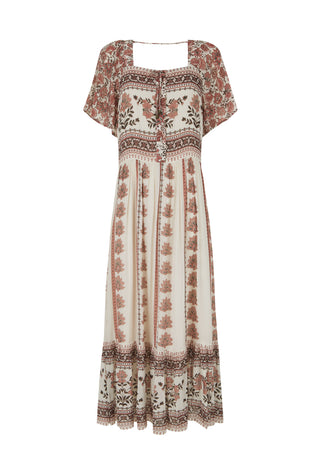 a-bohemian-style-midi-dress-with-a-square-neckline-short-flutter-sleeves-and-an-all-over-vertical-floral-and-geometric-print-in-dusty-rose-brown-and-cream-on-a-white-background