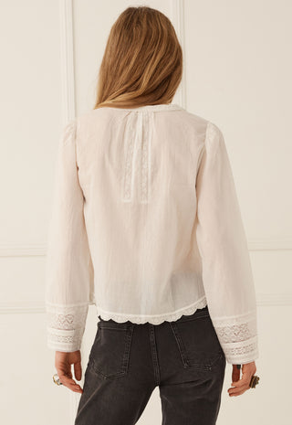 a-woman-viewed-from-the-back-wearing-a-cream-colored-long-sleeve-blouse-with-lace-detailing-on-the-back-neckline-and-cuffs-paired-with-dark-gray-jeans