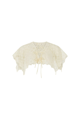 an-ivory-lace-bolero-capelet-with-a-lace-up-front-and-ruffled-edges-displayed-flat-against-a-solid-white-background