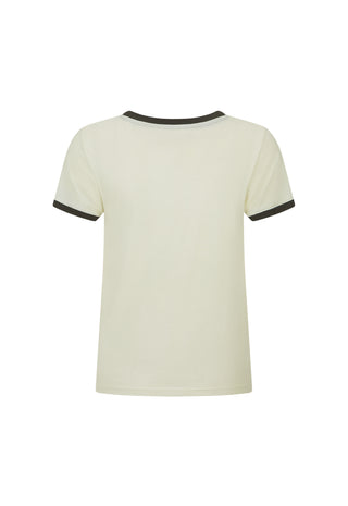 a-short-sleeve-ringer-t-shirt-in-cream-with-black-trim-on-the-collar-and-sleeve-cuffs-shown-against-a-plain-white-background
