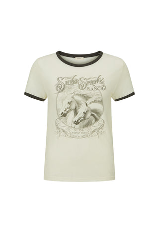 an-off-white-ringer-t-shirt-with-black-trim-on-the-collar-and-sleeve-cuffs-featuring-a-vintage-style-black-and-white-graphic-of-a-horse-and-the-text-silver-smoke-ranch