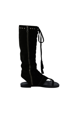 a-black-suede-knee-high-boot-with-a-side-zipper-silver-studs-and-a-lace-up-front-detail-shown-against-a-plain-white-background