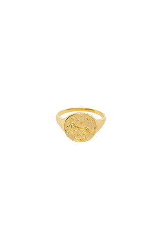 front-image-of-spell-s-leo-stargazer-zodiac-ring-the-hand-crafted-ring-comes-in-22k-gold-vermeil-and-features-an-embossed-artwork-of-the-zodiac-sign